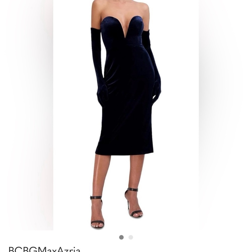 BCBGMaxAzria Black Strapless Velvet Midi Dress with Sweetheart Neckline